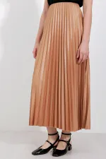 8009 Deri Görünümlü Piliseli Etek - Bisküvi