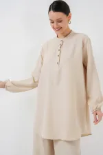 Ensemble deux pièces tunique et pantalon en lin 6678 - Crème