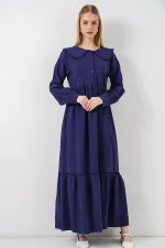 Kadın Bebe Yaka Uzun Tesettür Elbise 2592 - Lacivert