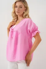 Kadın Önü Bağcıklı Kısa Kol Bluz 962 - Pembe