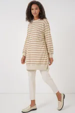 Tunique hijab rayée à col rond pour femme 55452 - Biscuit