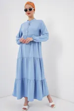 1627 Yaka Bağcıklı Tesettür Elbise - Koyu Mavi