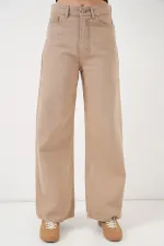 Kadın Bol Paça Yüksek Bel Palazzo Kot Pantolon 6656 - Vizon