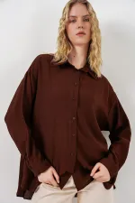 Kadın Uzun Oversize Gömlek 20334 - Kahverengi Kadın Uzun Oversize Gömlek 20334 - Kahverengi