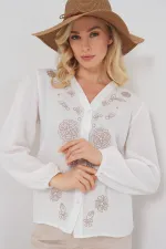 Kadın Nakışlı Uzun Kol Bluz 963 - Kahverengi