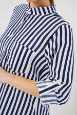 Kadın Uzun Kollu Çizgili Gömlek 20283 - Lacivert