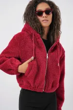 5193 Hooded Plush Crop Jacket - Claret Red