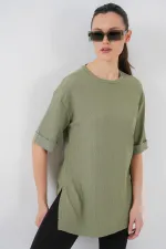 4332 Yanı Yırtmaçlı Örme Tişört - Çağla