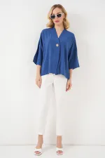 Kadın Kısa Kol Oversize Kimono 5969 - İndigo