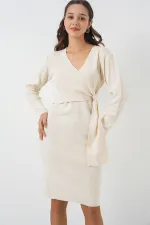 Kadın Kruvaze Yaka Triko Elbise 15928 - Ekru