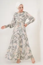 2145 Desenli Tesettür Elbise - Bej