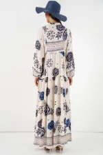 Kadın Desenli Uzun Tesettür Elbise 2585 - B.Lacivert