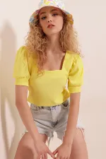 0409 Square Collar Knitted Blouse - Yellow