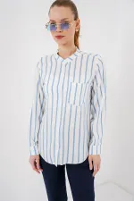 Kadın Uzun Kollu Çizgili Gömlek 20283 - Mavi