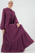 1627 Yaka Bağcıklı Tesettür Elbise - Çapa Mor
