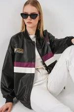 0698 Printed Faux Leather Bomber Jacket - Black - Purple
