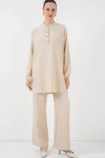 6678 Keten Tunik Pantolon İkili Takım - Bej