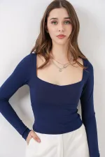 Kadın Kare Yaka Slim Fit Bluz 986 - Lacivert
