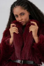 Kadın Kemerli Oversize Kürklü Kaban 9156 - Bordo