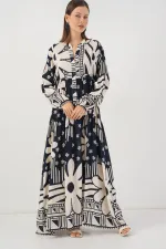 Kadın Desenli Uzun Tesettür Elbise 2585 - L. Lacivert