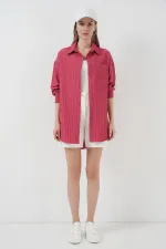 20217 Cep Detaylı Çizgili Oversize Gömlek - Kırmızı