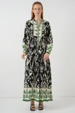 Kadın Desenli Uzun Tesettür Elbise 2585 - Siyah - Yeşil