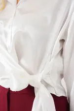 Kadın Bağlamalı Uzun Kol Saten Gömlek 20287 - Beyaz