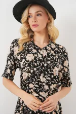 Kadın Kısa Kol Desenli Elbise 2560 - Siyah