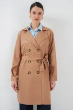 5864 Kruvaze Yaka Kısa Trençkot - Taba