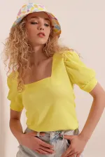 0409 Square Collar Knitted Blouse - Yellow