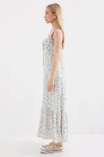 2237 Desenli Askılı Viskon Elbise - Mavi