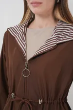 9091 Beli Büzgülü Kapşonlu Trençkot - M. Kahverengi