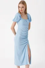 2396 Yırtmaçlı Yazlık Örme Elbise - Mavi