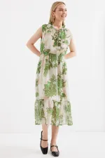 2503 Desenli Sıfır Kol Şifon Elbise - Yeşil