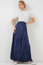 Women's Long Crinkle Shiny Skirt 8034 - Light Navy Blue