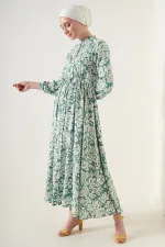 2144 Hakim Yaka Tesettür Elbise - Çağla