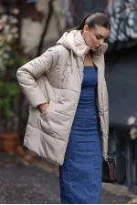 5163 Kapüşonlu Oversize Şişme Mont - Bej