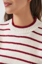 Kadın Çizgili Triko Süveter 15926 - Bordo