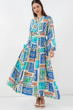 Kadın Desenli Uzun Tesettür Elbise 2585 - A. Turkuaz