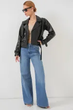 Kemerli Siyah Suni Deri Ceket 0698