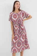 2389 Kemerli Keten Elbise - Nar