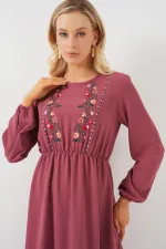 Kadın Nakışlı Uzun Tesettür Elbise 2550 - Gül Kurusu