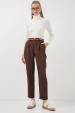 6686 Women's Pleated Belted Fabric Trousers - Brown