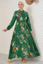 2144 Hakim Yaka Tesettür Elbise - Zümrüt Yeşili