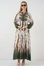 Kadın Desenli Uzun Tesettür Elbise 2585 - Hardal