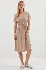 2378 V-Neck Slit Knit Dress - Biscuit 2378 V-Neck Slit Knit Dress - Biscuit