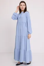 Kadın Mavi Yaka Bağcıklı Viskon Boydan Tesettür Elbise 1627