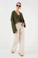 Tie-Front Linen Kimono 960 - Khaki