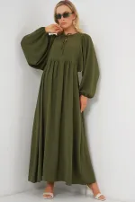 Women's Balloon Sleeve Long Hijab Dress 2464 - Khaki