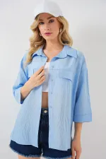 Women's Pocket Detailed Short Sleeve Shirt 20317 - Blue